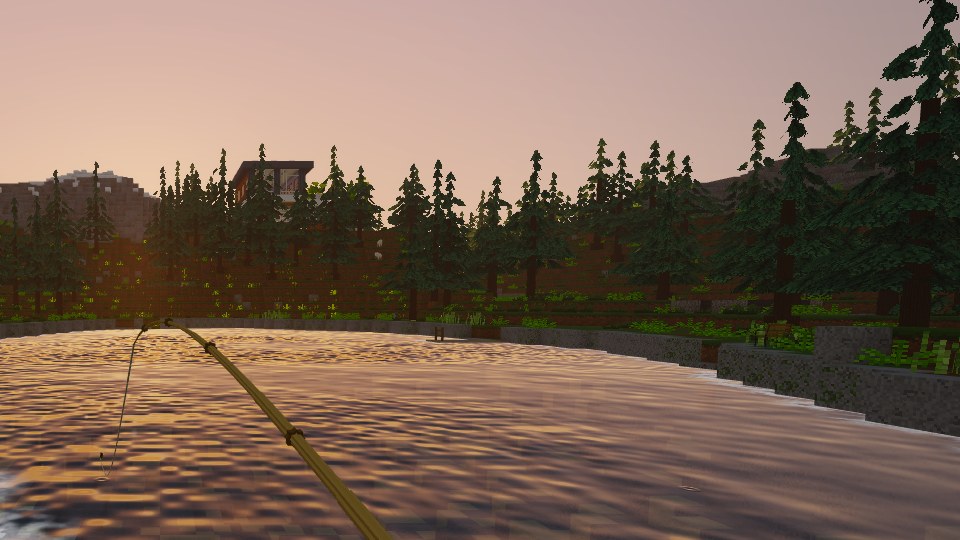 A fishing rod bent over a trout on Tamarack Lake at sunset, pines all round